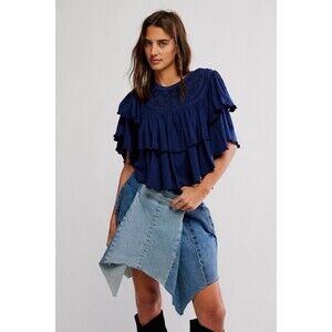 Free People Rose Party Tee Blouse Top Swingy Lace Embroidered Ruffle M 281559